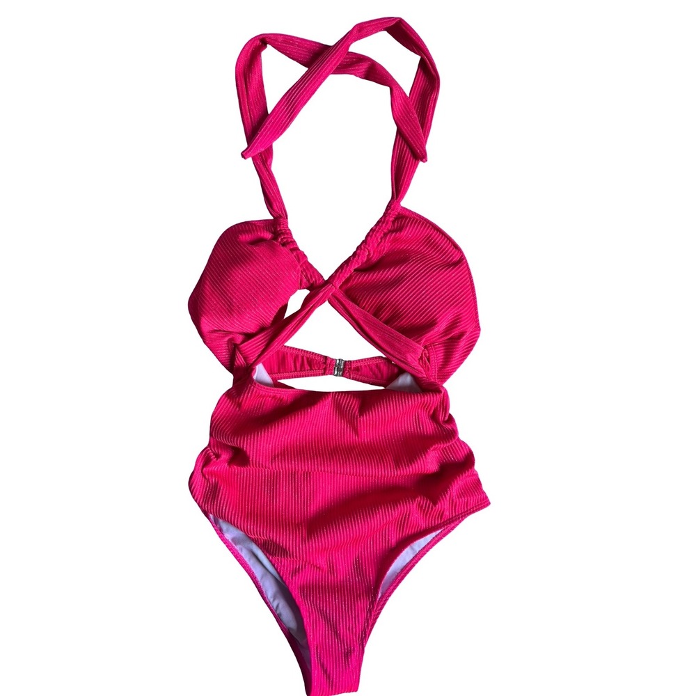 Ribbed One Piece Swimsuit Cut Out Tie Halter Hot Pink Swimwear